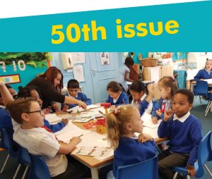 Inclusion Now 50 cover. Classroom scene with the words 50th issue superimposed
