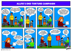 Crippen cartoon: ALLFIE’s End Torture campaign (copyright crippencartoons.com) Image 1 Person 1: I just don’t get it, no matter how many times we tell our stories Person 2: You mean about these ‘special’ schools and residential places that… Person 3: treat us badly Image 2 Person 2: And yet despite there having been over 150 cases of abuse reported over the past three years… Image 3 Person 2: Still nothing has changed! Person 3: Disabled children and Young people are still being abused in these places! Image 4 Person 1: Just look at what’s still happening in these places – some children are being sexually abused… Image 5 Person 1: Some are being kicked and punched… left in soiled clothing… Black girls forcibly had their heads shaved… and one child had vinegar poured onto an open wound! Image 6 Person 3: This is deliberate, rampant abuse and neglect. This is intersectional discrimination. This is torture! Image 7 Person 1: We need accountability and admittance of guilt… Person 2: We also need National recognition and for everybody… Person 3: to join ALLFIE’s fight for justice Person 4: Yeah!